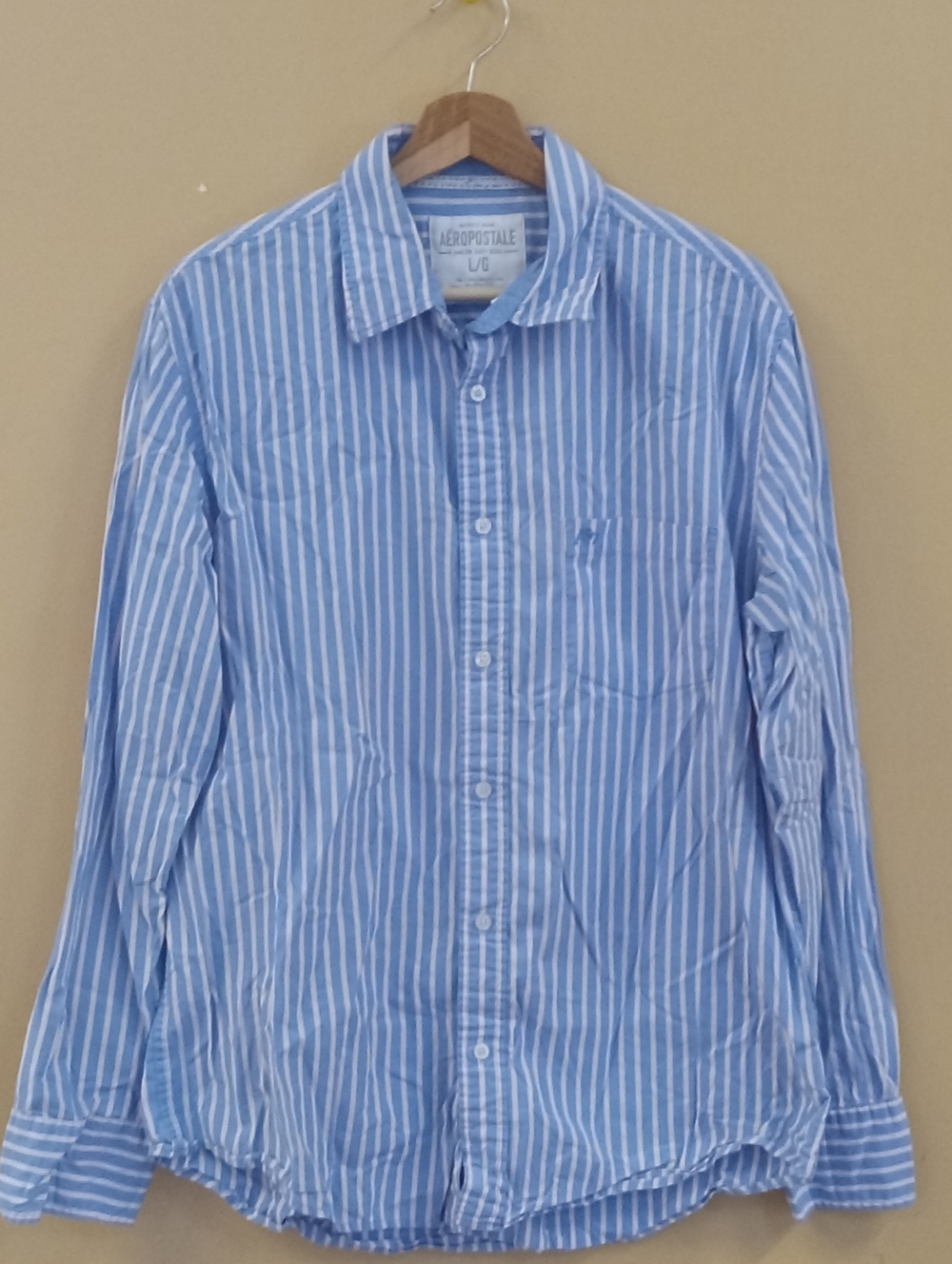 Aeropostale Men's Light Blue and White Striped Shirt Sz L